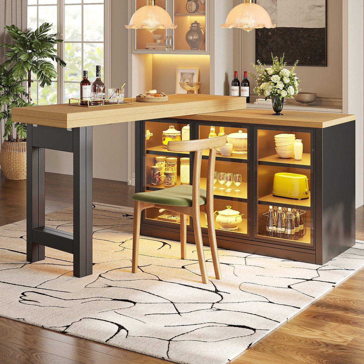 STILVORA Eettafel - Uitschuifbaar En 360 Graden Draaibaar Met Opbergkast En Verlichting - Voor Keuken En Eethoek - MDF Glas - Zwart