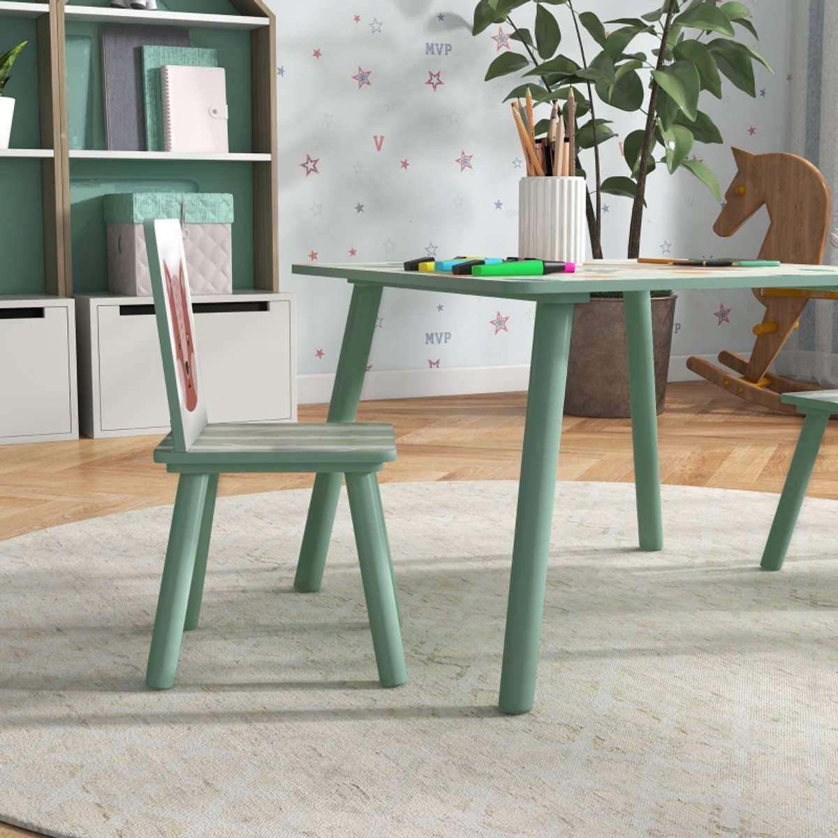 COVREO Kindertafel met 2 stoelen 60 x 60 x 44 cm groen van hout met stapelbare stoelen