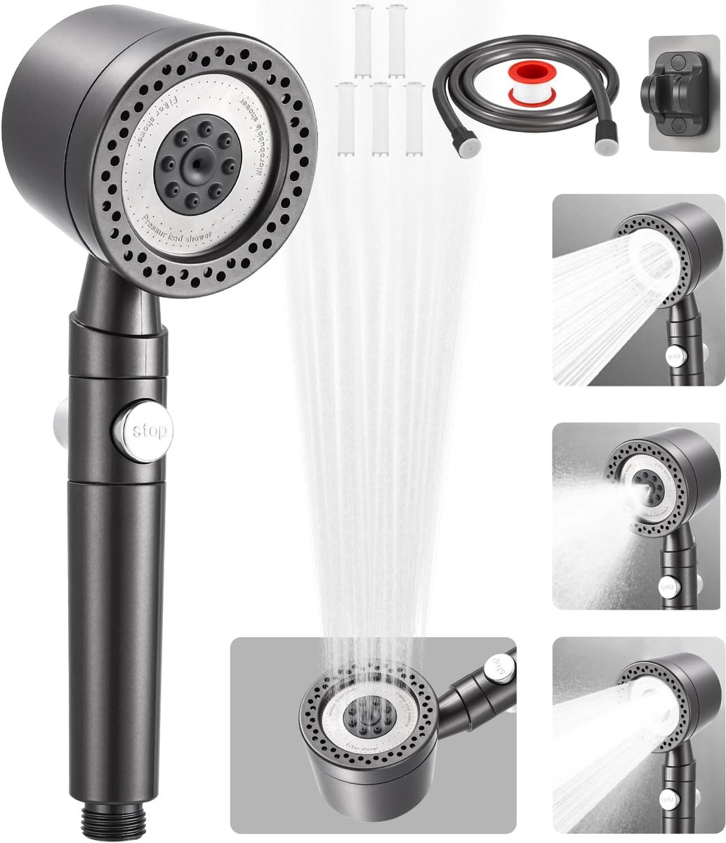 SnelShoppen - Handdouche met Filter, 6 Spuitstanden, Waterbesparend met 15-Laags Filtratie, Hoge Druk Douchekop met 1.5m Slang, Ideaal voor Badkamer e