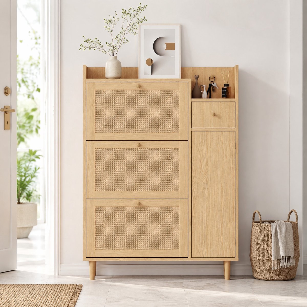 COVREO Schoenenkast 90 x 17 x 125 cm – naturel, MDF, 3 kleppen en 1 lade