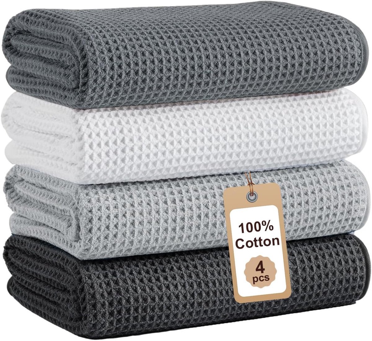 SnelShoppen - Set van 4 theedoeken katoen, absorberend, zachte keukenhanddoeken, wafeltextuur, 100% katoen, 35 x 35 cm, ideaal voor koken en schoonmak