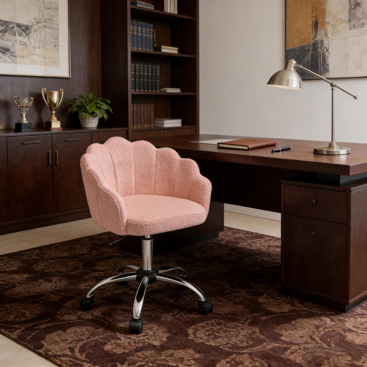 DESMIU Bureaustoel 55 Cm - Bloemblad Design Met Verstelbare Zithoogte En Wielen - Voor Thuiswerkplek En Kaptafel - Stof Roze