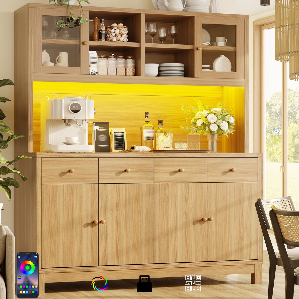 HAUSS SPOLE Keukenkast - Met App-Bedienbare Ledverlichting En Glazen Deuren - 4 Laden Voor Keuken En Eetkamer - MDF - 140x38,5x180 Cm - Houtkleur