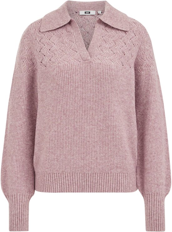 Roze gebreide WE Fashion trui met polokraag en ajourpatroon op de schouders.