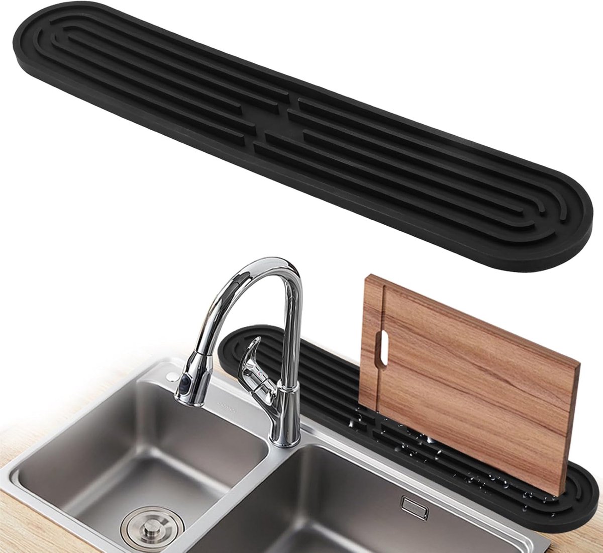 SnelShoppen - Slimme Silicone Afvoermat Smalle Bar Mat | Drainagemat voor Glazen, Drinkglazen, Snijplank 43 x 8 x 1 cm, Zwart, Keuken & Bar