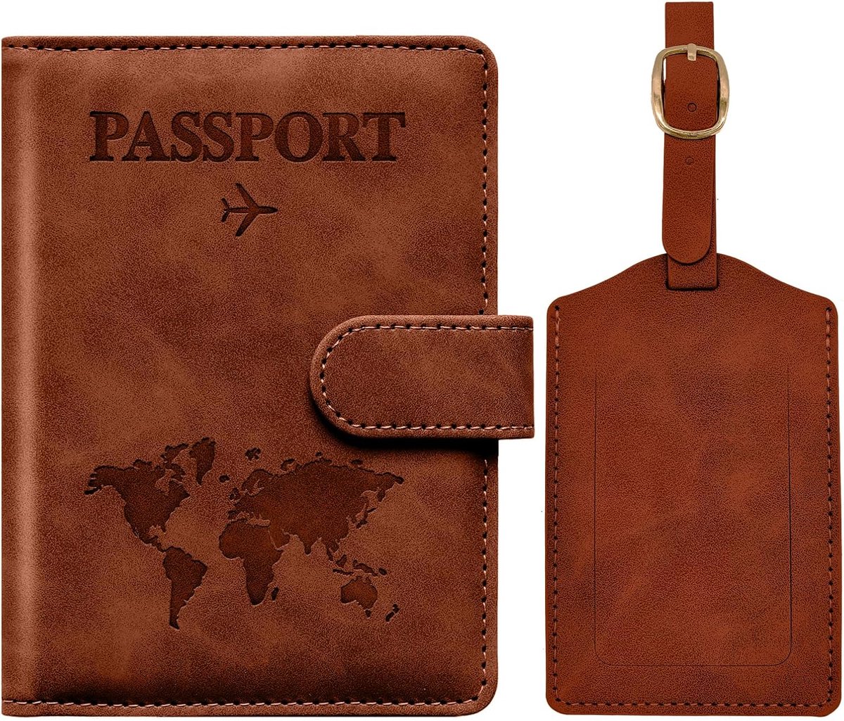 SnelShoppen - PU Leather Passport Cover met RFID Bescherming, Inclusief Luggage Tag voor Paspoort, Creditcards, ID Documenten, Bruin, Modern, Reizen