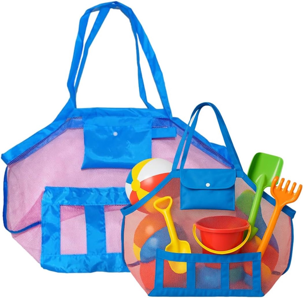 SnelShoppen - Mesh Strandtas voor Kinderen, Opvouwbare Strandtas voor Speelgoed, Grote Capaciteit, Ideaal voor Vakantie en Buitenactiviteiten, Roze