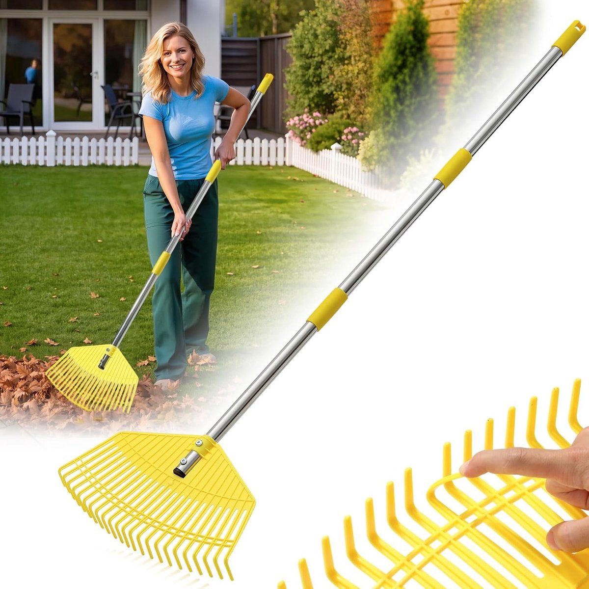 SnelShoppen - Tuinhark 152 cm met 23 Sterke Tanden - Lichtgewicht Handhark met Kunststof Kop - Struikhark 42 cm Breed - Ideaal voor Gazon en Bladeren