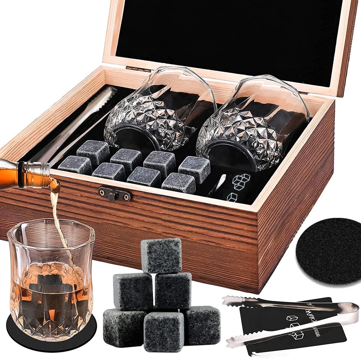 SnelShoppen - Whiskey Stones en Glazen Geschenkset voor Mannen, 8 Granieten Whiskey Stones + 2 Kristallen Whiskey Glazen, Perfect voor Vaderdag/Kerst/