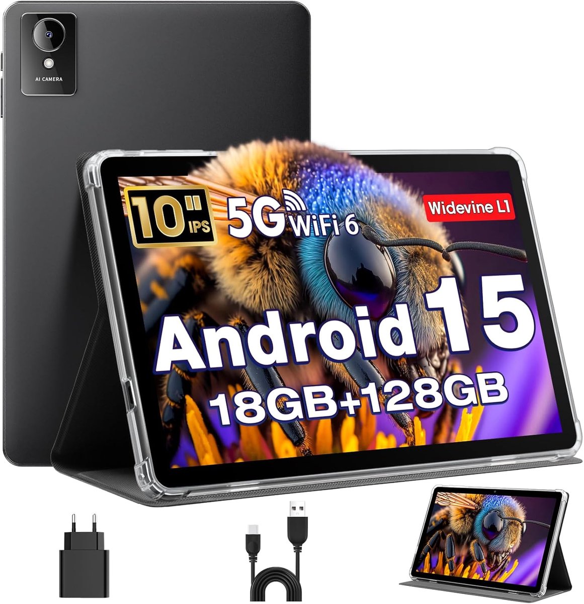 SnelShoppen - Tablet 10 Inch Android 15 | Octa-Core 18GB RAM 128GB ROM 1TB TF | HD IPS Scherm 5MP + 8MP Camera | WiFi 6 Bluetooth 5.0 | Ideaal voor Mu