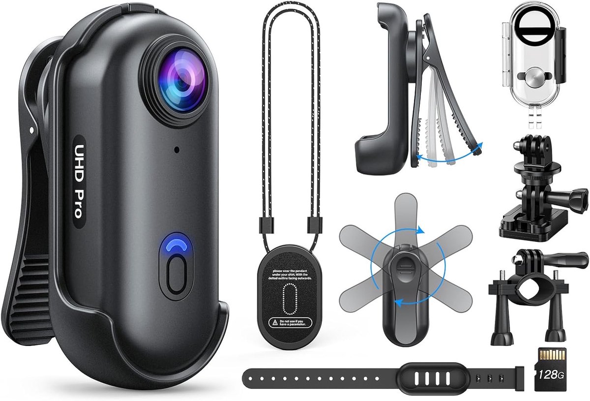 SnelShoppen - 4K Mini Body Camera met 360° Rotating Clip en Magnetische Clip, Waterproof, 128GB, Ideaal voor Conferenties, Reizen en Huisdieren