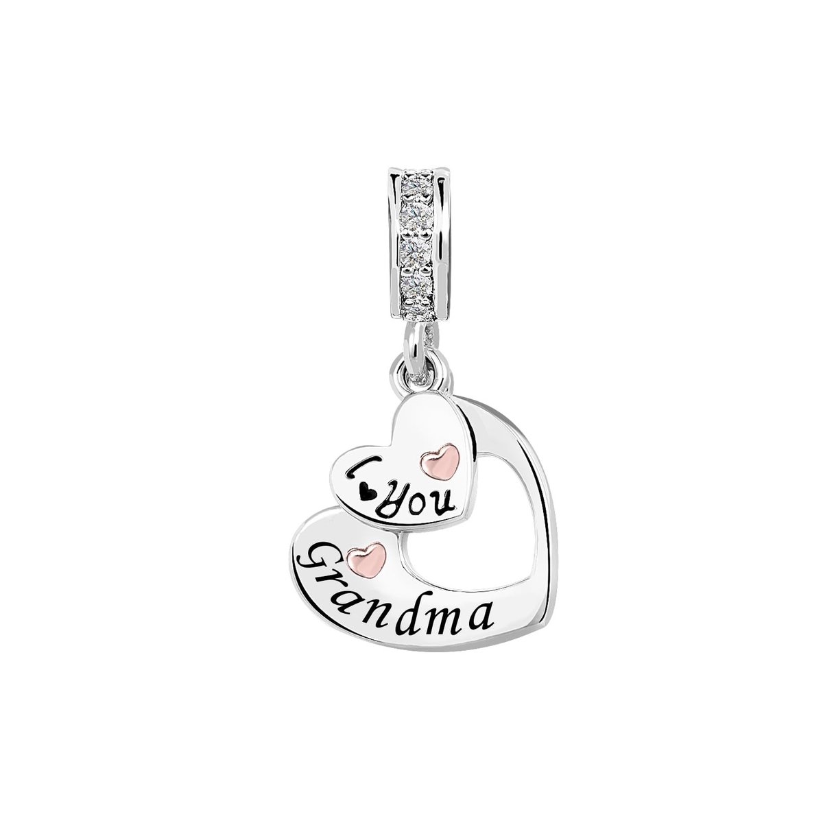Fler® | Bedel | Past op populaire bedelarmbanden (standaard - 3mm) | Hart Bedel 'I Love You Grandma' Bedel | Hangbedel Charm | 925 sterling zilver | Roze emaille | Valentijnsdag Cadeau | Sinterklaas kado |Kerstcadeau |Verjaardagsgeschenk |Vriendschap