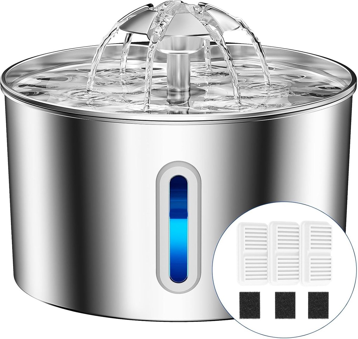 Thijox - Kattenfontein Roestvrij Staal 2,2L met Viervoudige Filters, Stil, Makkelijk te Reinigen, LED Verlichting, Inclusief 3 Filters en 3 Sponzen