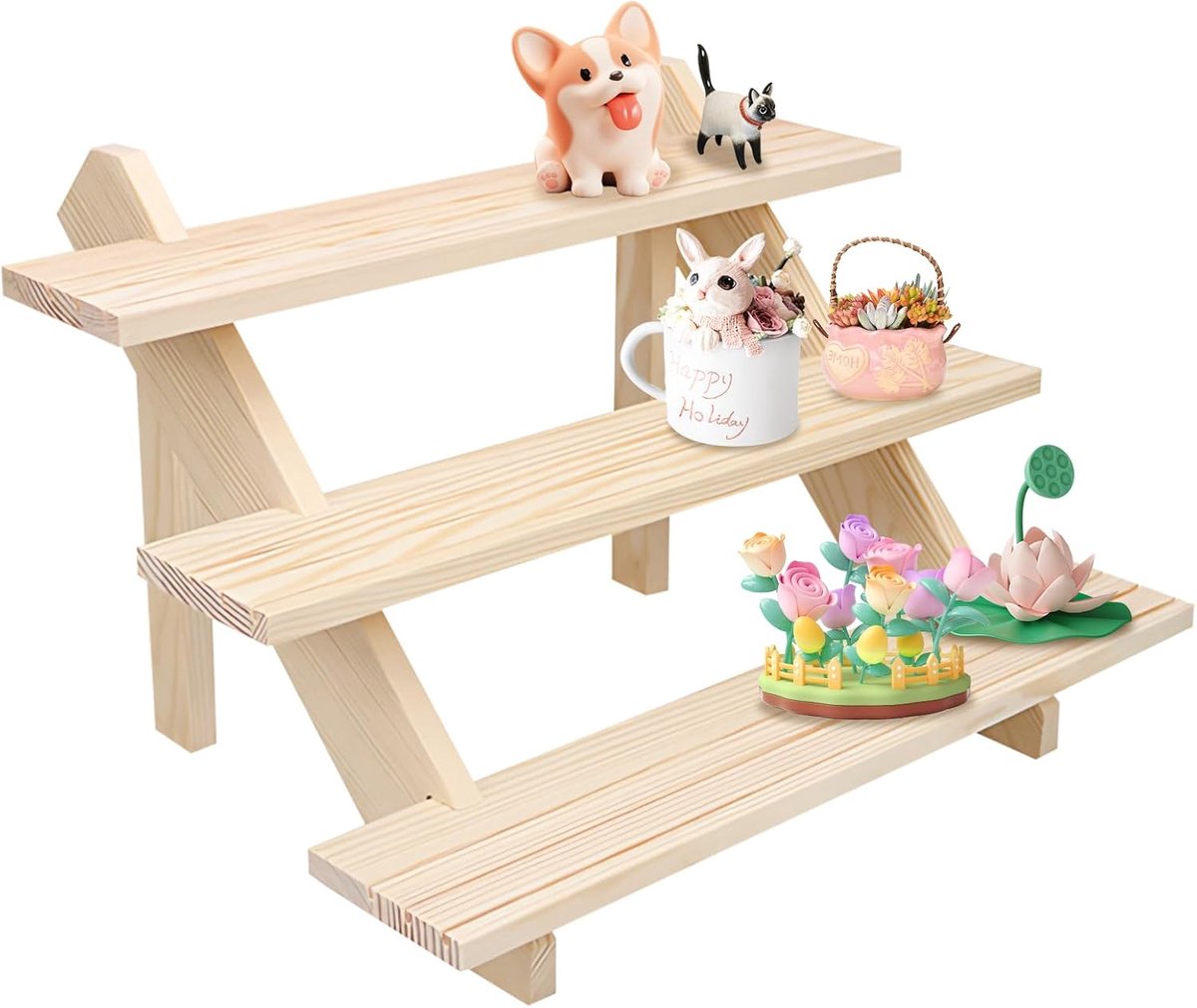 SnelShoppen - 3-Tier Houten Display Stand voor Sieraden, Ringen, Oorbellen, Cosmetica, Cupcakes, Verzamelobjecten, 39x30x24 cm