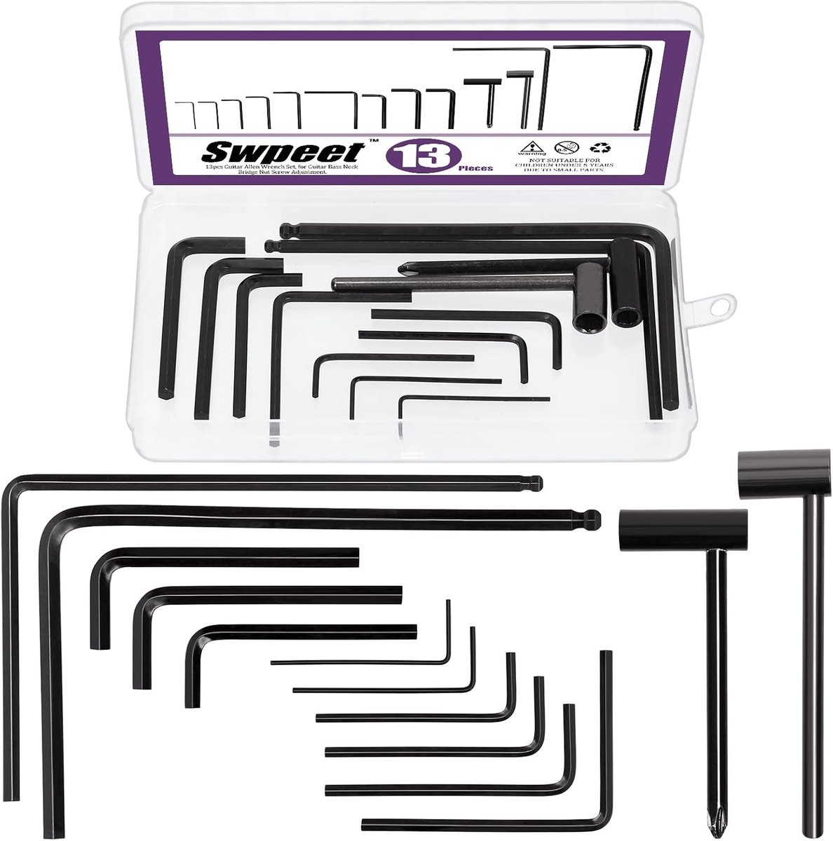 SnelShoppen - 13-delige gitaar hex sleutelset, inclusief 9 verschillende maten hex sleutels, 7mm & 8mm truss rod inbussleutels, 4mm & 5mm balhoofd tru