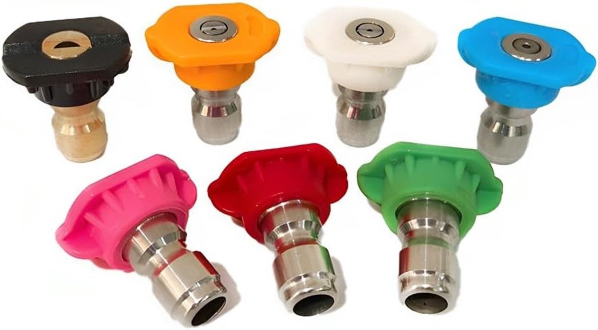 Complete Set van 7 Hogedrukreiniger Nozzles met 5 Spuithoeken, RVS en Messing Sprayers voor Auto Wassen, Tuinirrigatie en Reinigen
