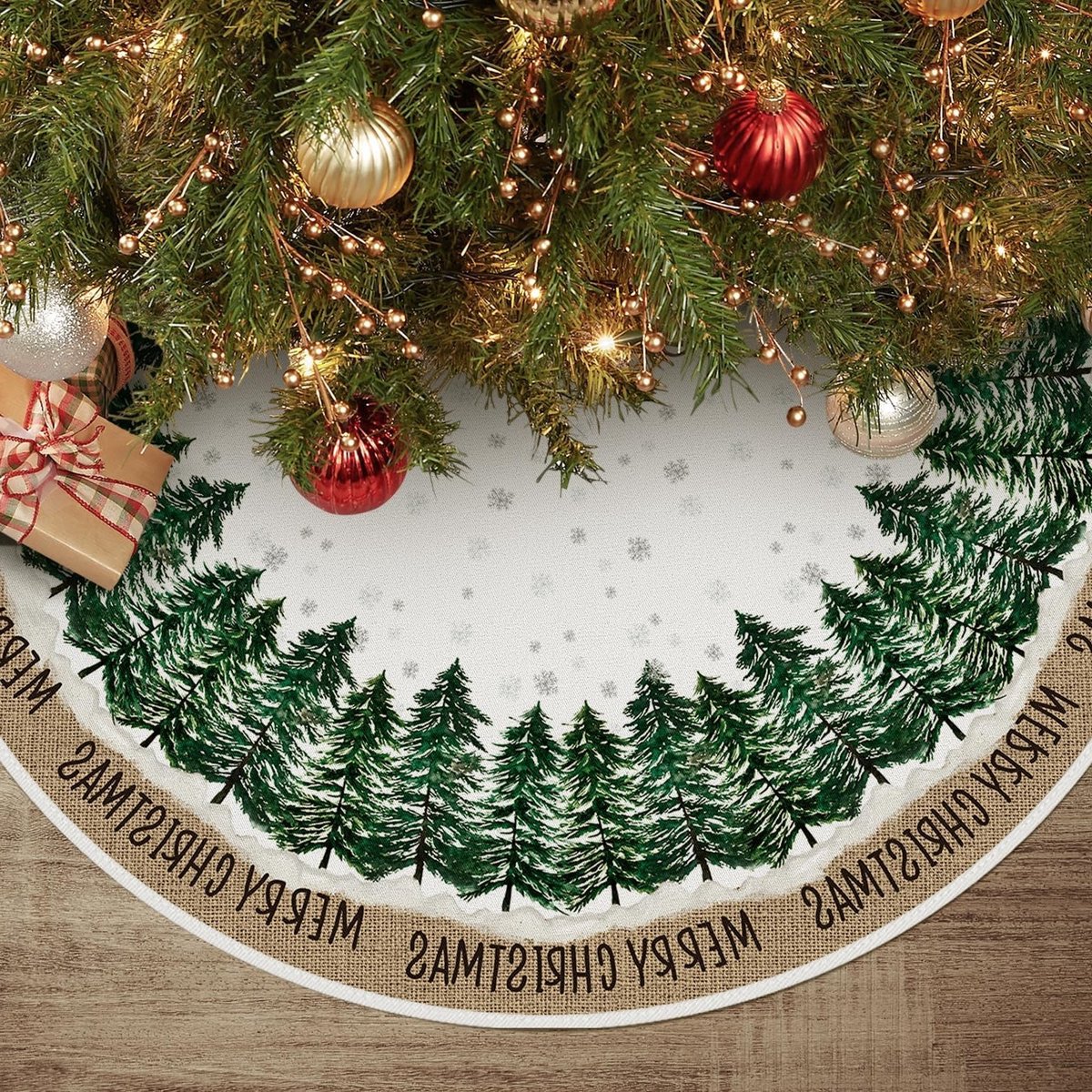 Pine Trees en Sneeuwvlokken Kerstboomrok, 48" Seizoensgebonden Decoratie voor Feestdagen en Nieuwjaar, Vintage Kerstmat voor de Perfecte Kerstsfeer