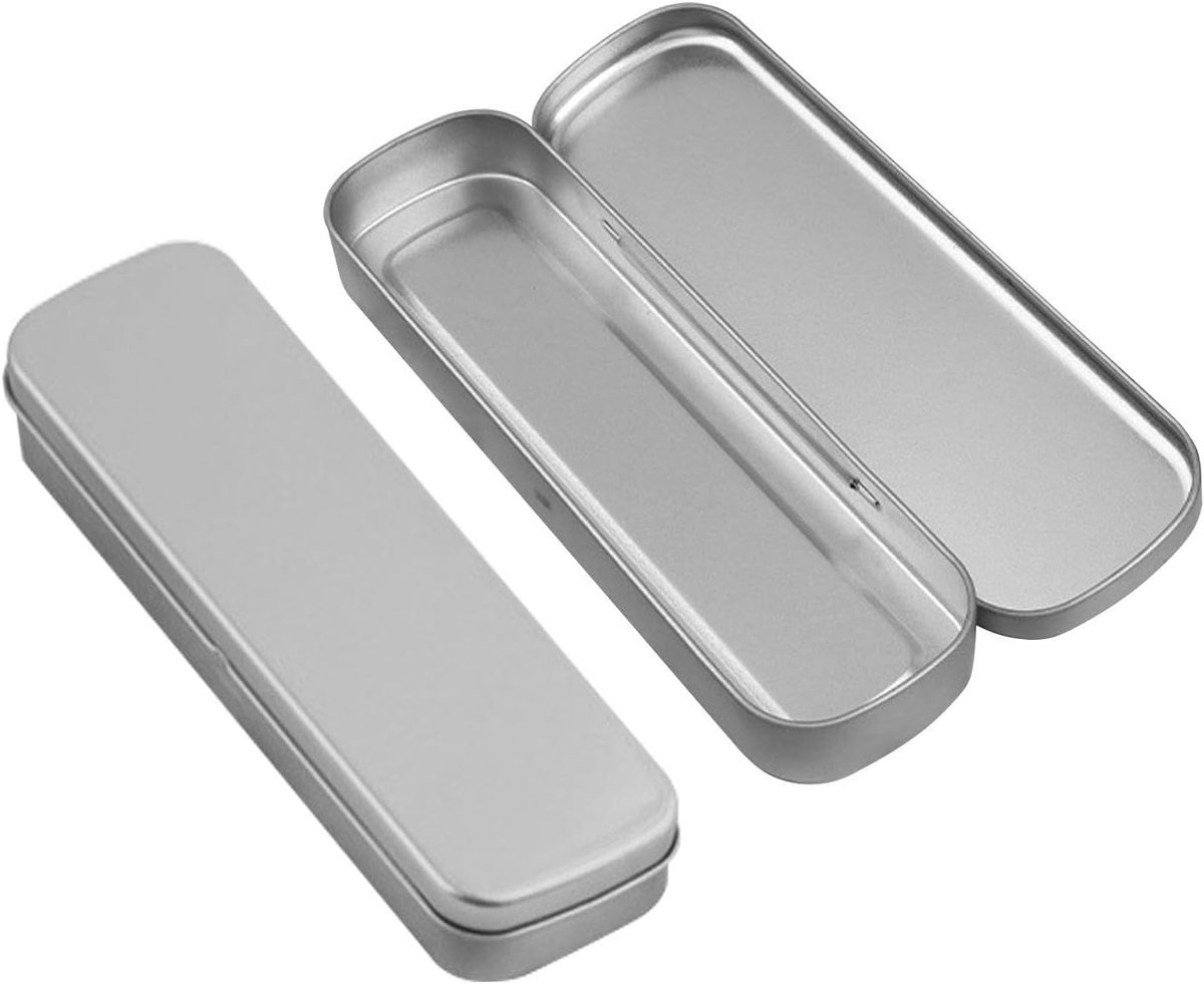 SnelShoppen - 2-delige metalen etui, mini pennendoos, dunne pennenhouder, zilver, robuust en duurzaam, voor school, kantoor en hobby