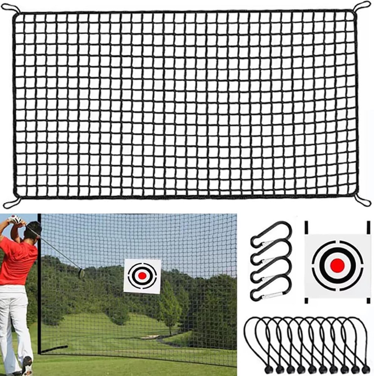 SnelShoppen - Golf Oefen Set 3 x 6 m met Tarp en 10 Ballen, Zwart Polyester Net met 2.5 cm Mesh, Verstevigde Randen, 4 Carabiner Haken, Snel Op Te Set