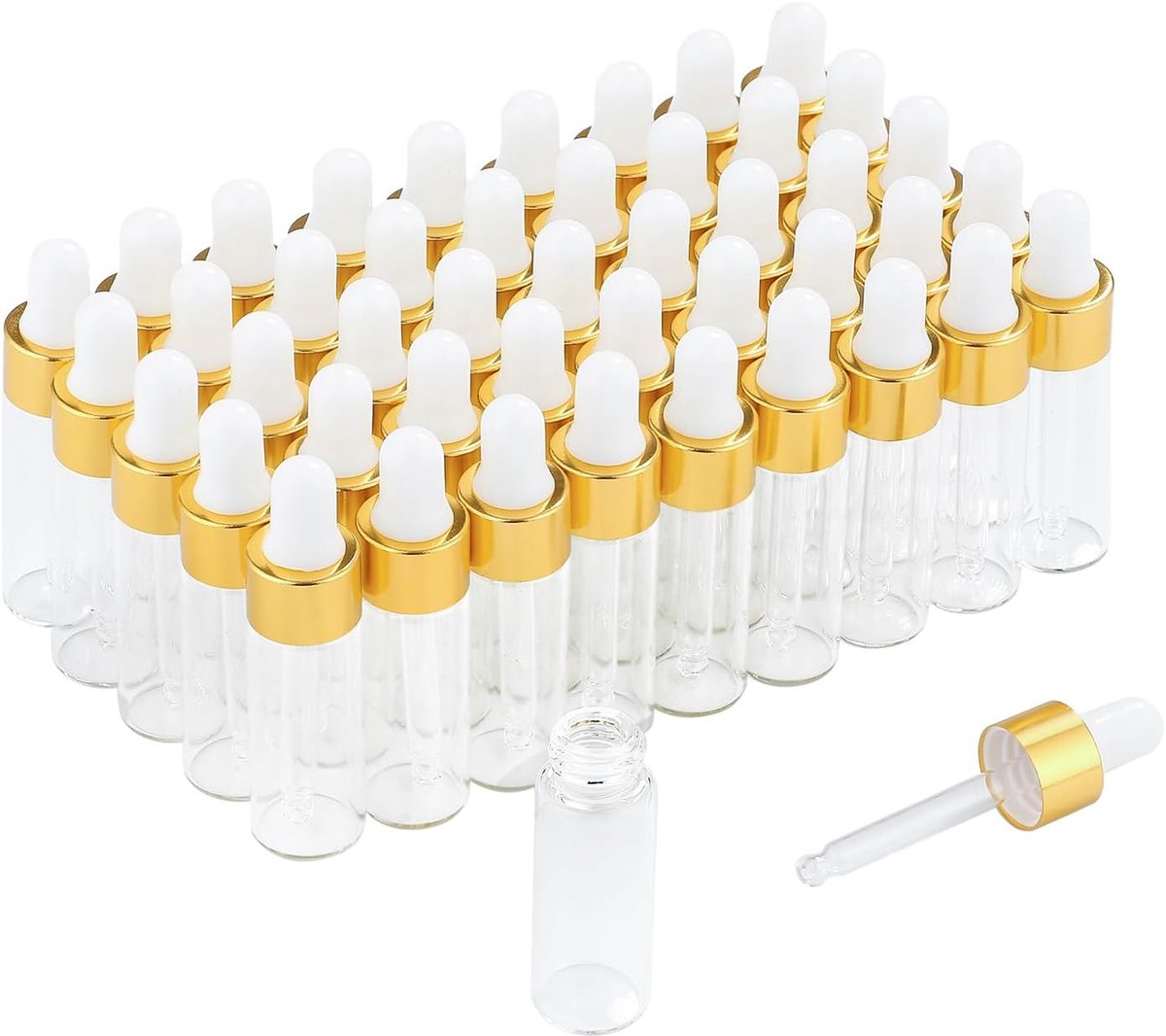 SnelShoppen - Pack van 50 Mini Dropper Bottles 5 ml, Lege Glazen Flesjes met Gouden Doppen, Perfect voor Parfum Monsters, Essentiële Oliën en Vloeisto