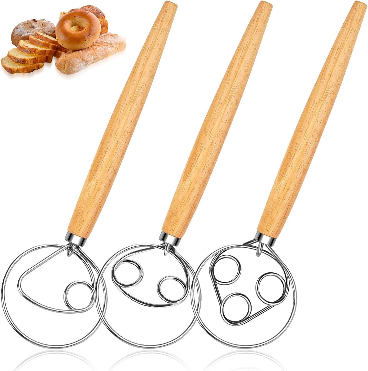 SnelShoppen - Danish Whisk Set van 3 Stuks, 33 cm, Deens Deegborstel met Houten Handvat, Deense Bakaccessoires voor Brood en Gebak, Deegkneder en Meng