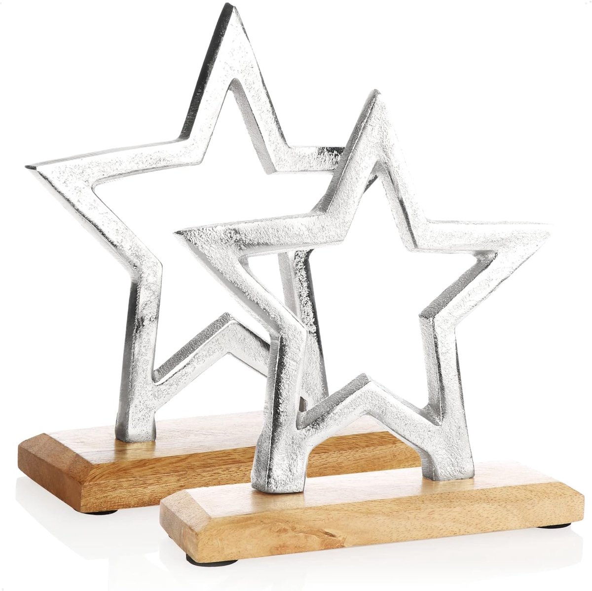SnelShoppen - 2x Decoratieve Sterren - Premium Standaard Ster van Nikkel-Geplateerd Aluminium op Mango Houten Basis - Decoratie voor Feestdagen en Jaa