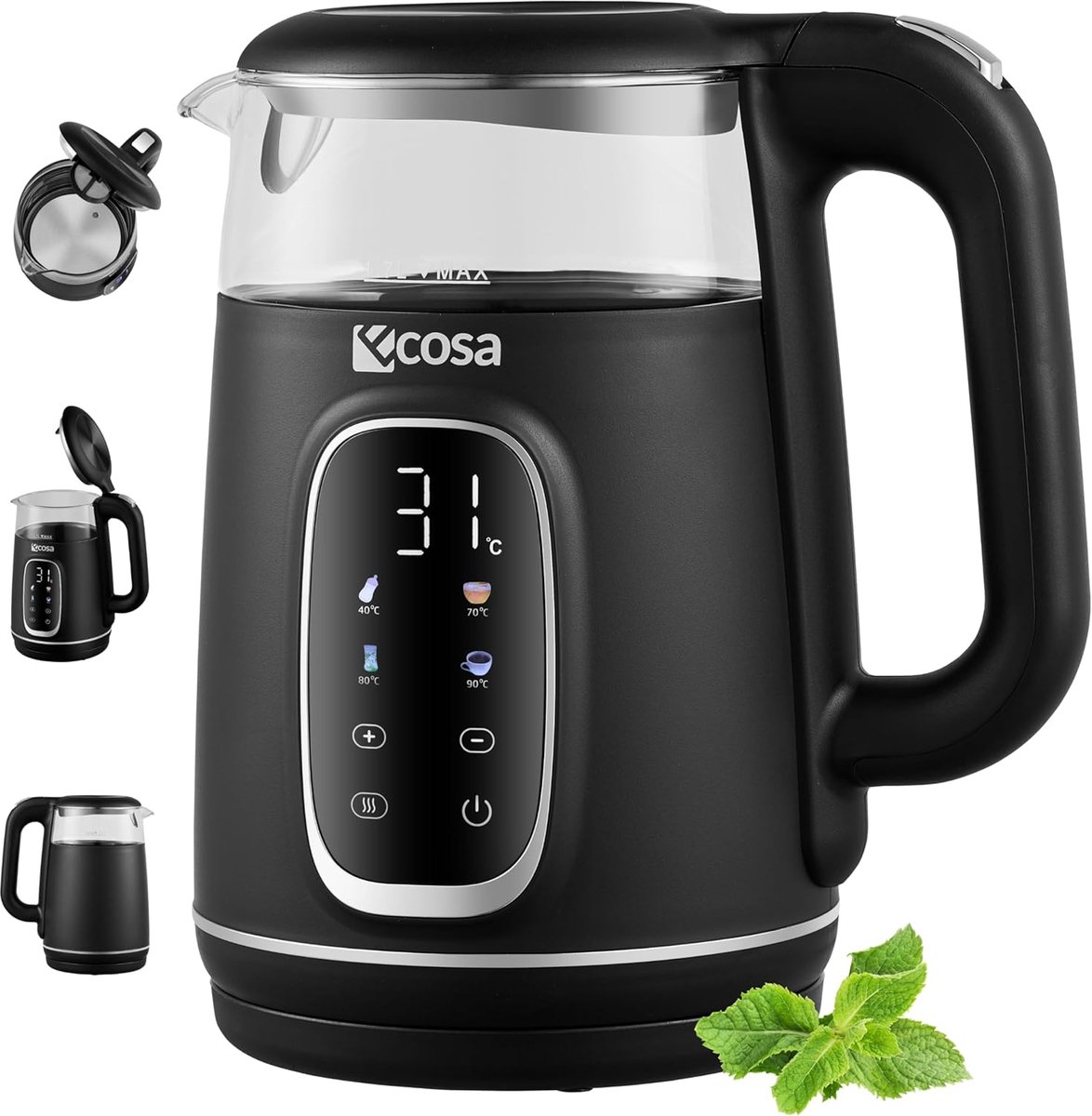 Thijox - Ecosa Waterkoker 1,7L met Temperatuurinstelling - Glazen Theekoker van Roestvrij Staal, 2200W, BPA-vrij, LED Verlichting, Warmhoudfunctie, Zw