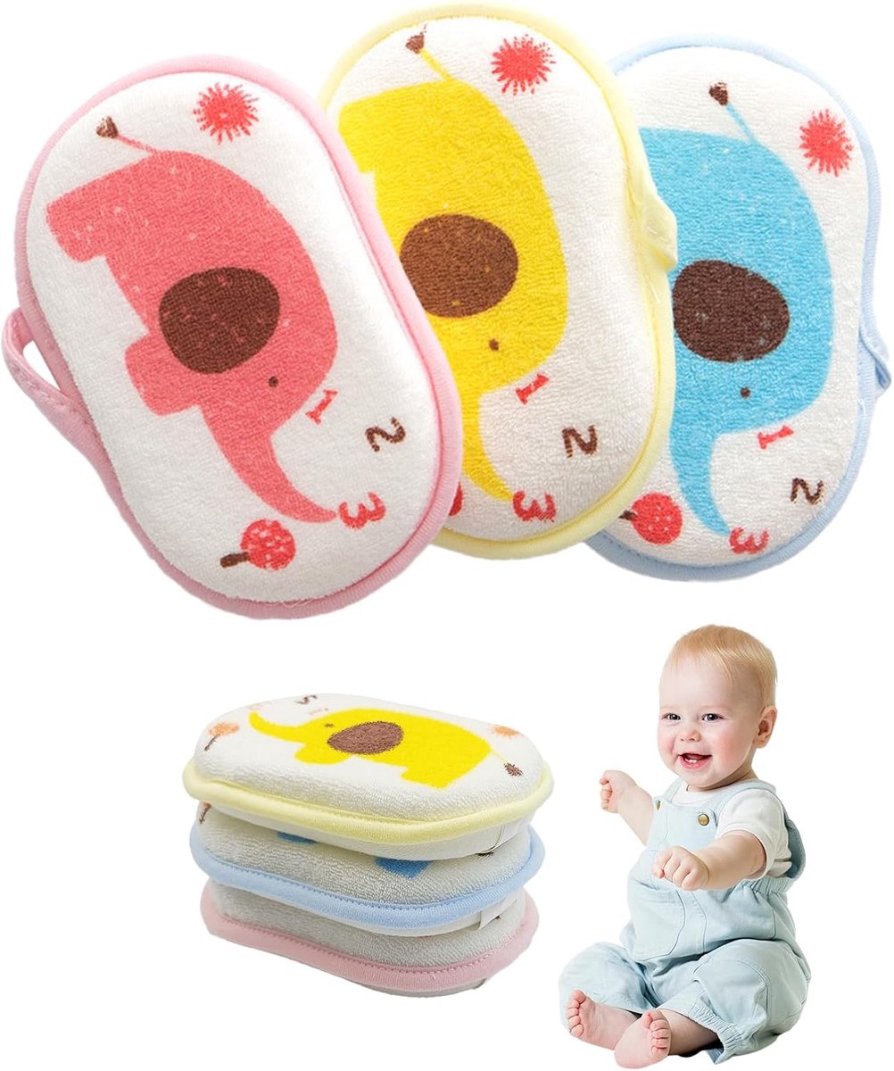 SnelShoppen - 3 Stuks Baby Bad Sponsjes - Schattige Olifant Motieven - Zachte en Veilige Baby Spons - Ademend Bad Spons voor Pasgeborenen - Drie Laags