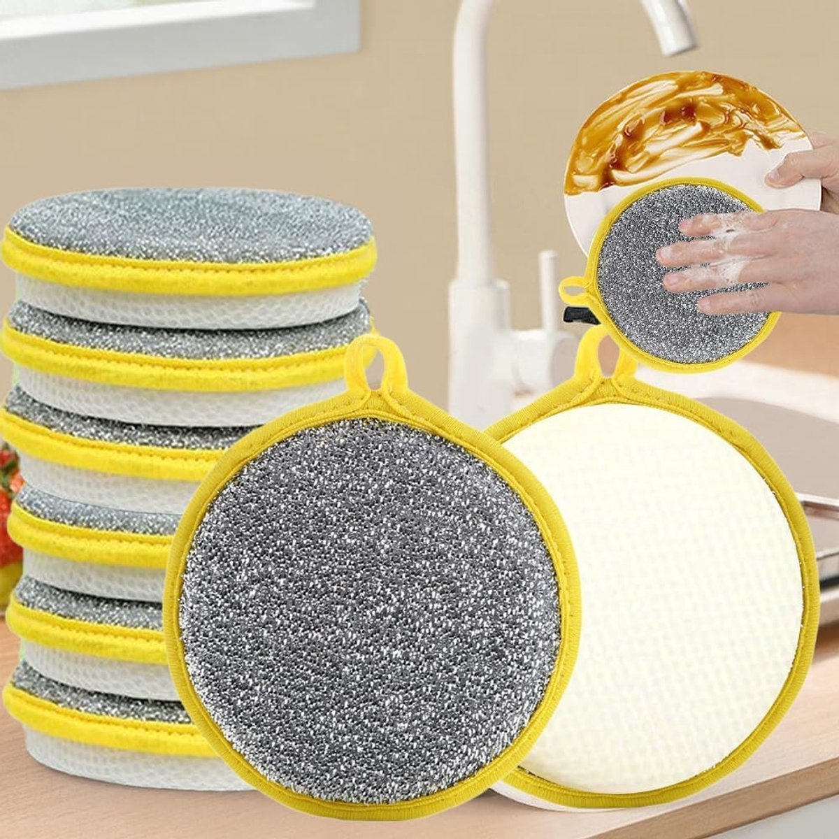 9 enkelzijdige, zilverkleurige vaatdoeken - Rond - Gemakkelijk op te hangen - Lichtgewicht en draagbaar - Herbruikbaar - Geschikt voor potten, pannen en huishoudelijke schoonmaak