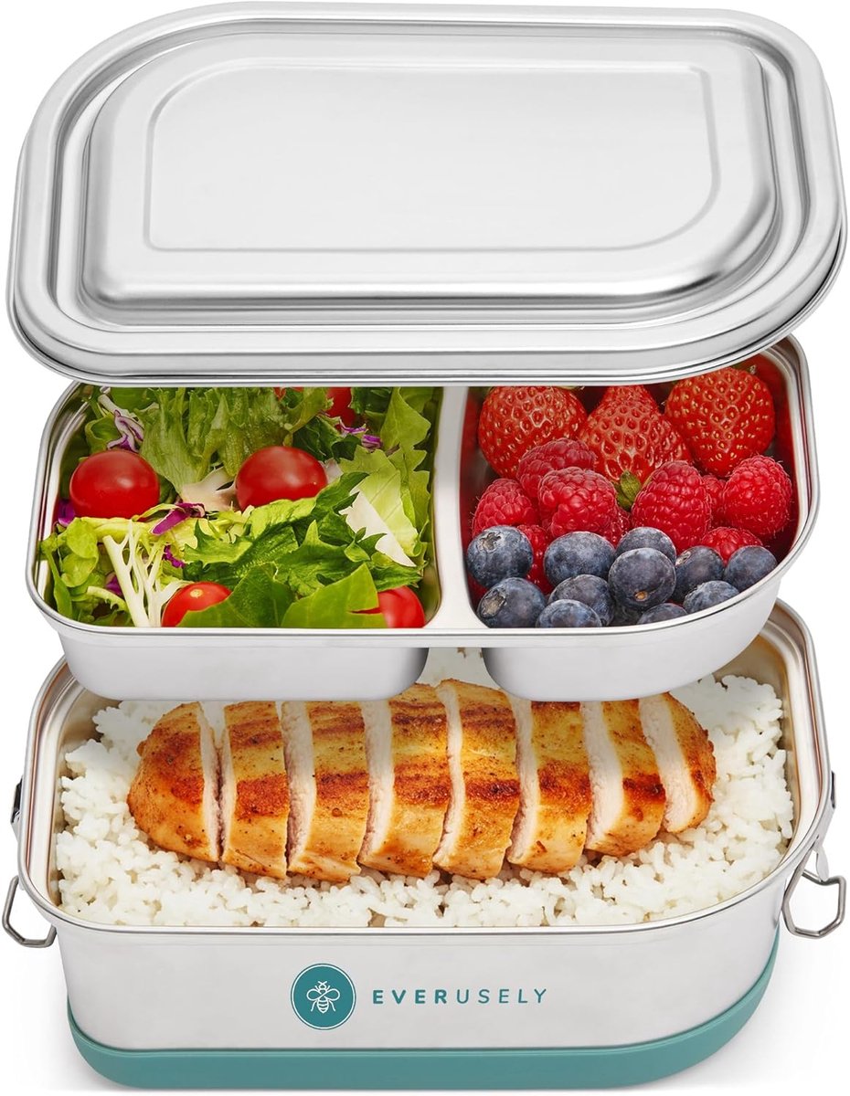 Thijox - Roestvrijstalen Bento Box - Lunchbox met 2 Compartimenten - Lekvrije Metalen Container met Verwijderbare Gelaagde Compartimenten voor Kindere