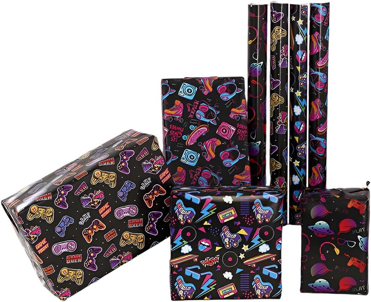 SnelShoppen - Verjaardag Inpakpapier Rol - 8 Stuks - 50 x 70 cm - Gaming Thema - Kleurrijk Goud met Zwarte Achtergrond - Voor Verjaardag, Feest, Jubil