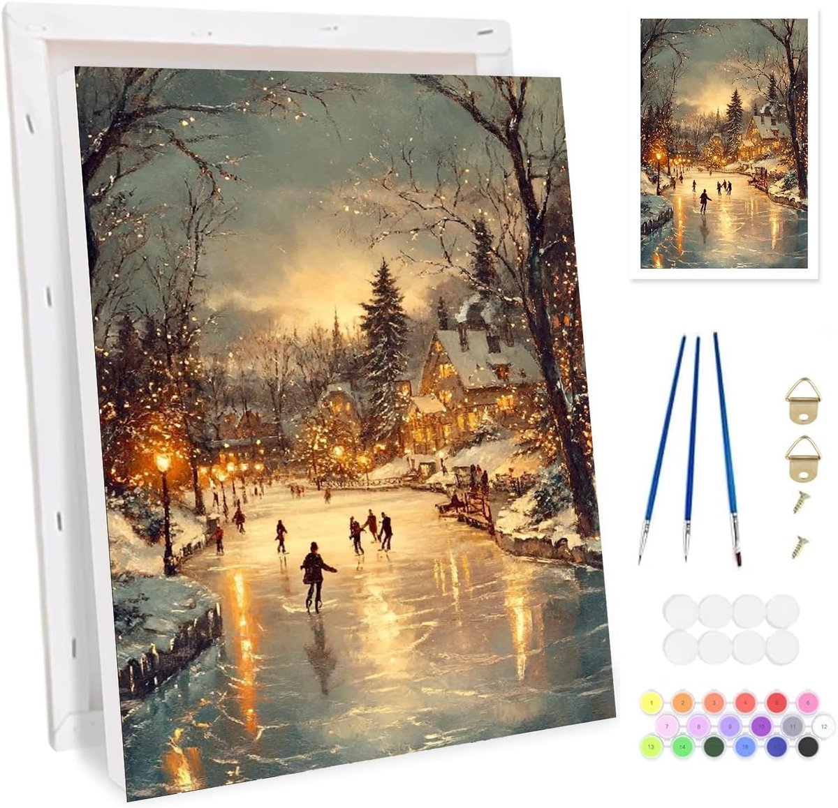 SnelShoppen - Kerst schilderen op nummer set voor volwassenen, Winterdorp schilderij DIY kit met canvas, houten easel, acrylverf en penselen