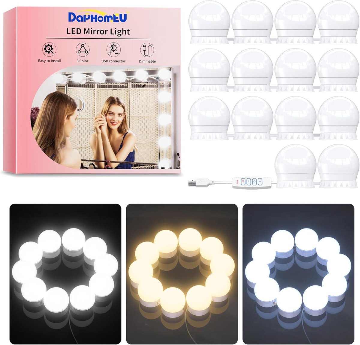SnelShoppen - 14 LED Spiegelverlichting, Dimbare Make-up Lamp, 3 Kleurmodi, Perfect voor Cosmetische Spiegel en Badkamer, Hollywood Stijl, 9 Helderhei