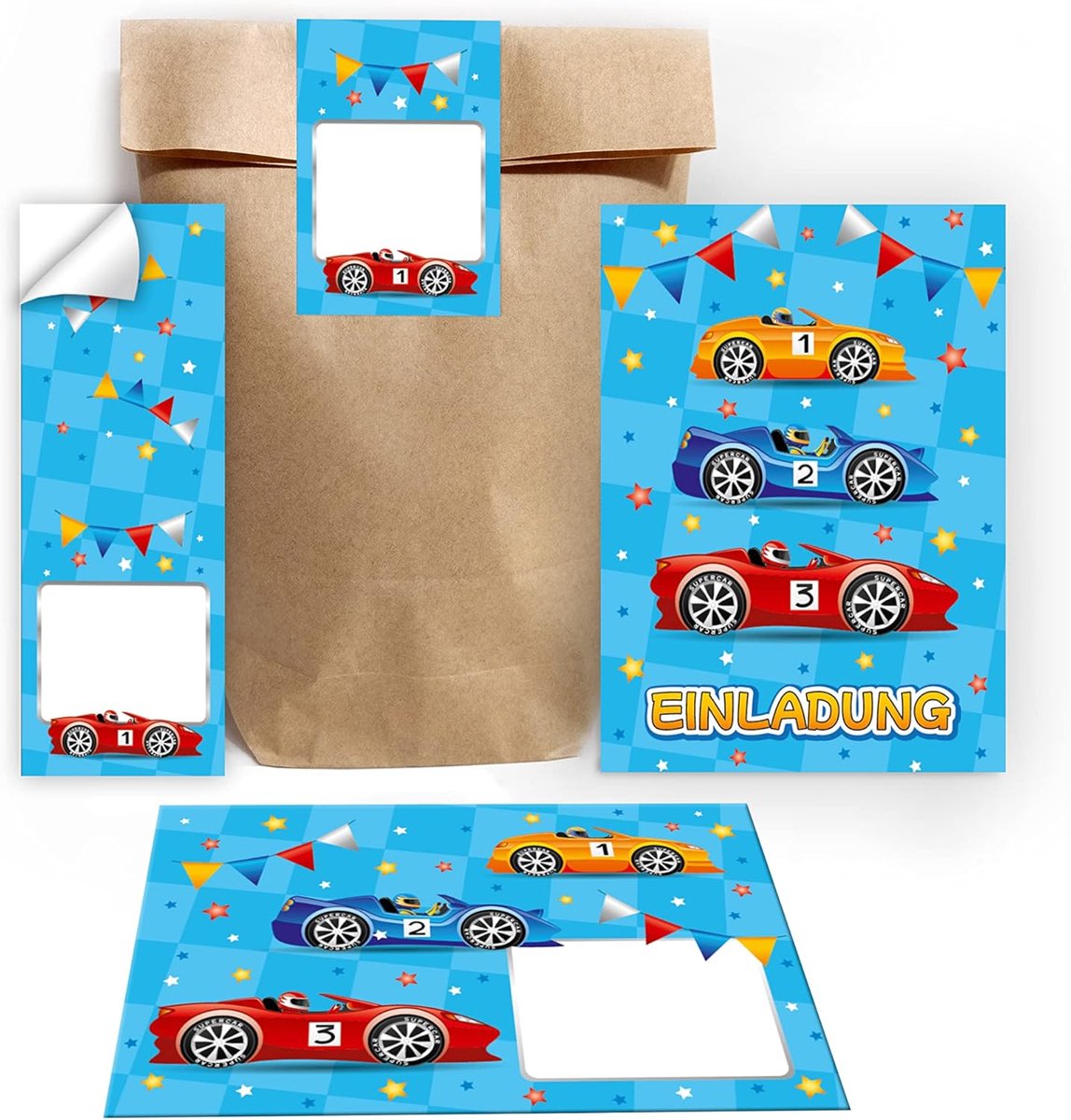 SnelShoppen - 12 Uitnodigingskaarten voor Kinderverjaardag Jongens Racing Auto's met 12 Enveloppen, 12 Cadeautasjes en 12 Stickers, 10.5x14.8cm, Feest