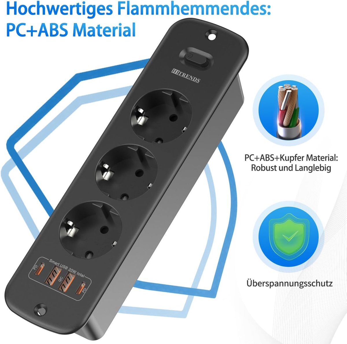 SnelShoppen - Flush-Mount Socket met USB C en 3 Compartimenten - Vouwbare Stekkerdoos met 2m Spiralkabel - PD20W, 250V/16A - Ideaal voor Kantoor, Thui