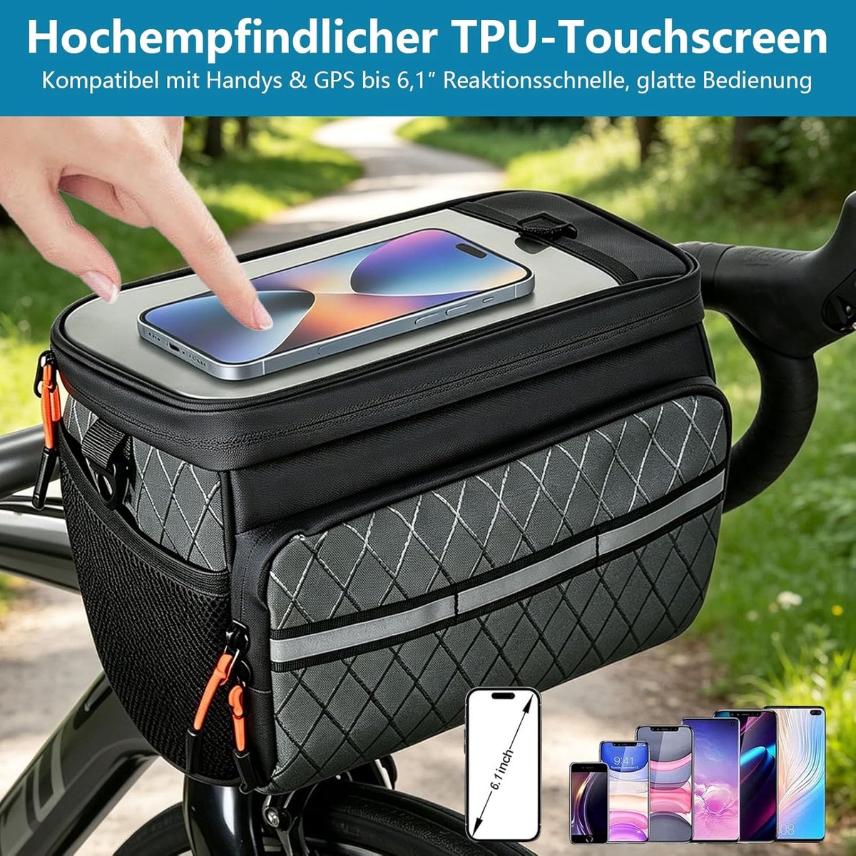 SnelShoppen - 3-in-1 stuurtas voor fiets, 4 liter, verstelbaar touchscreen, reflectoren, afneembare schouderriem, waterdichte fietstas voor e-bike, fi