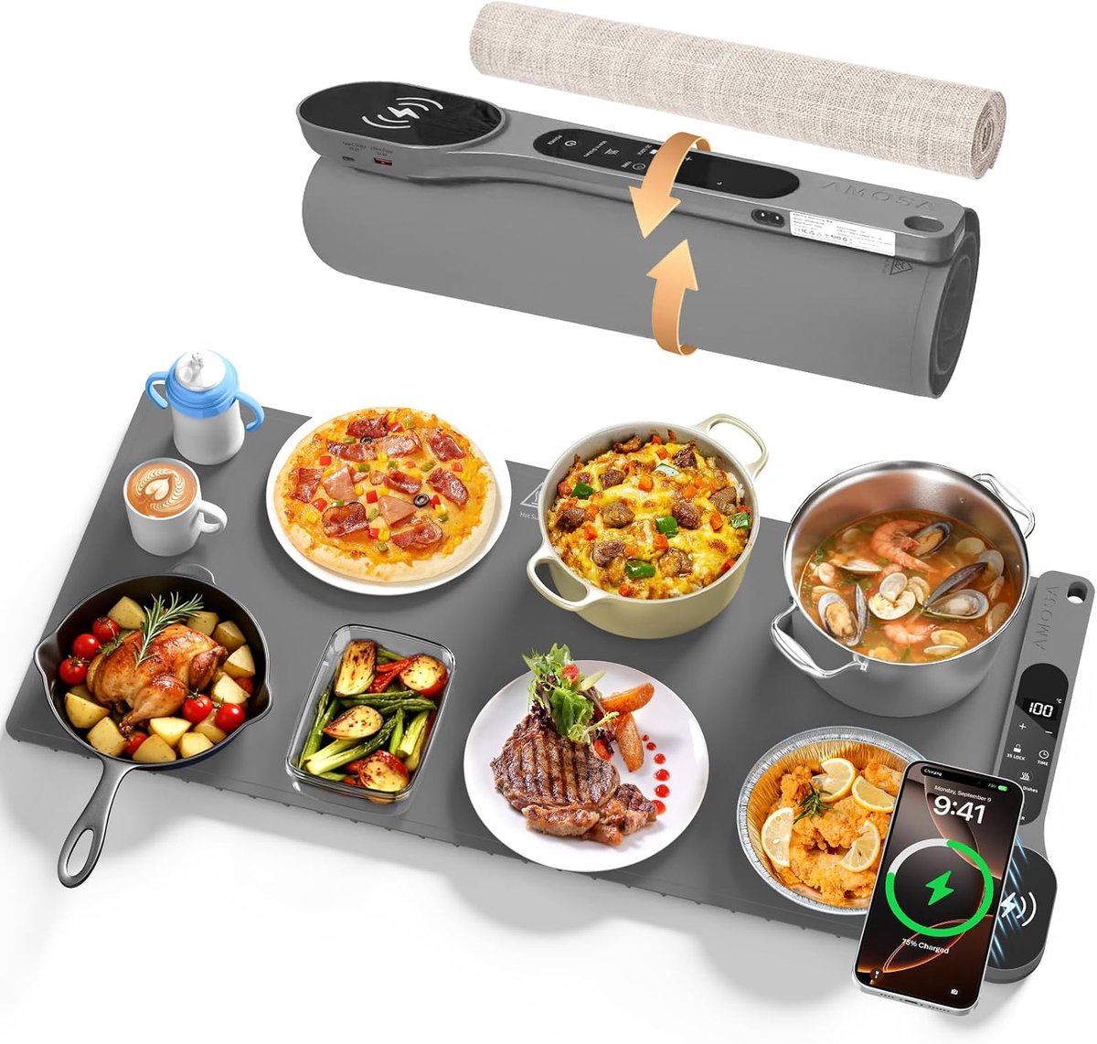 SnelShoppen - Extra Grote Food Warming Mat 34"x15" met Draadloze Oplading, Snelle Verwarming, 7 Temperatuurinstellingen & 8-Uur Timer voor Feesten en
