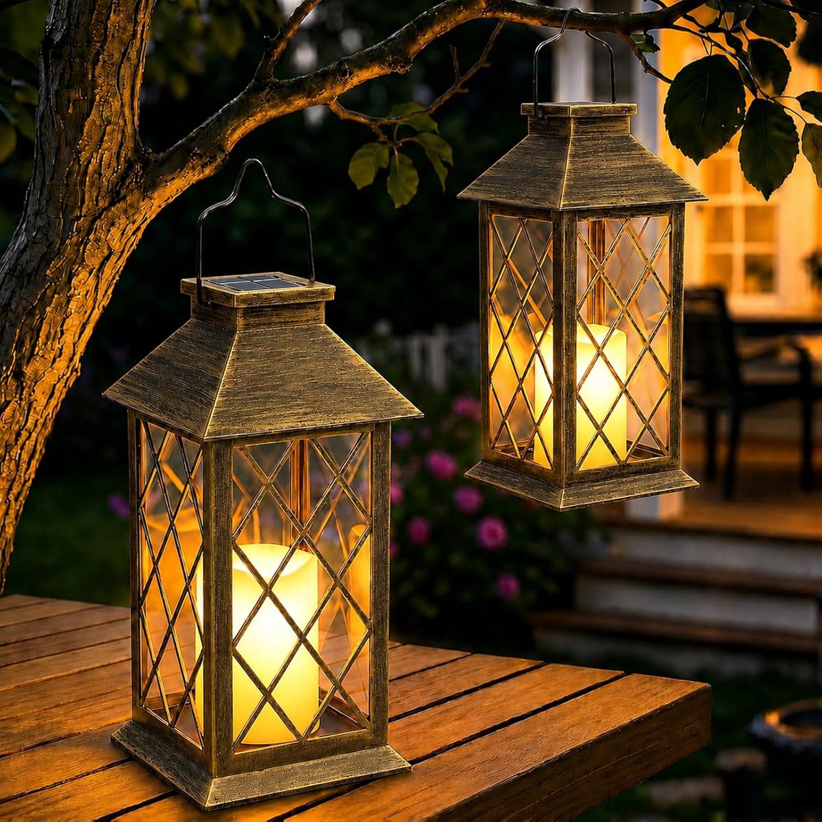 SnelShoppen - Solar Lanterns Buiten - 2 Pack Flickering Candle Lanterns - Vintage Tuin Verlichting - Weerbestendig - Ideaal voor Balkon, Tafel, Begraa