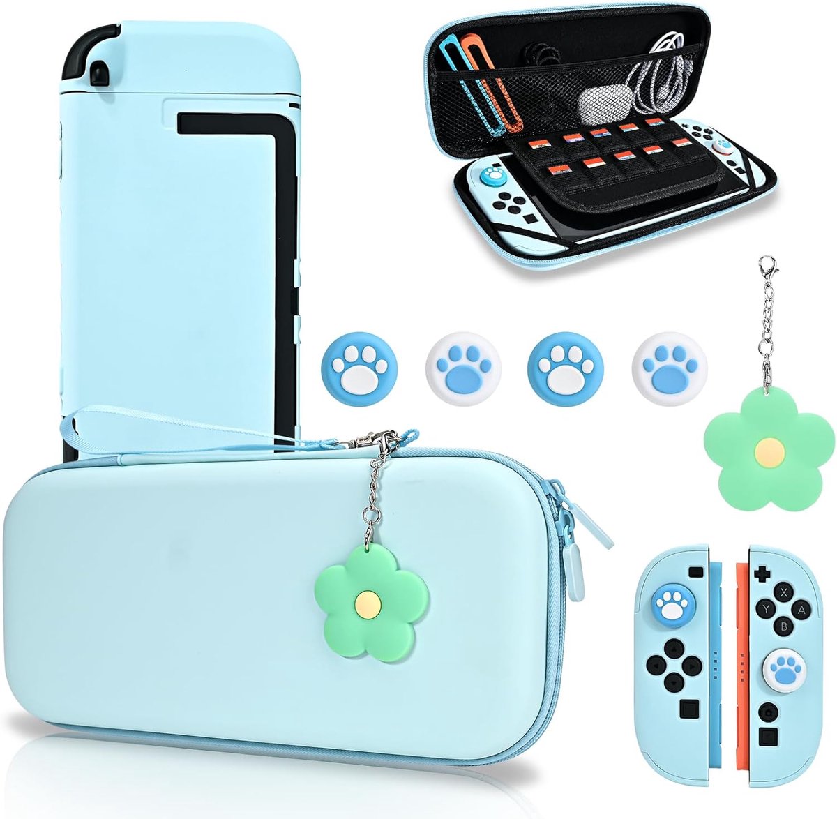 SnelShoppen - Carrying Case voor Switch 2 - Draagtas met Stabiele Beschermshell, 4PCS Thumb Grip Covers, 1PC Bloem Charm, Blauw - Perfect voor Opslag