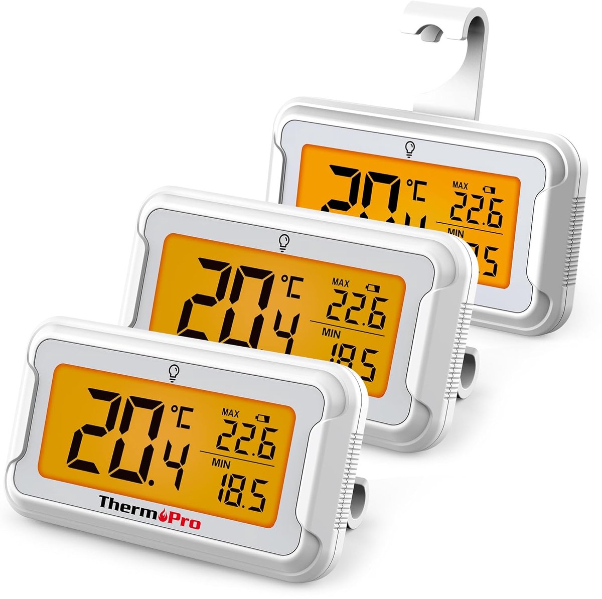SnelShoppen - Digitale Koelkast Thermometer met Groot LCD Scherm en Achtergrondverlichting, Max/min Registratie, Magneten en Standaard, Set van 3 voor