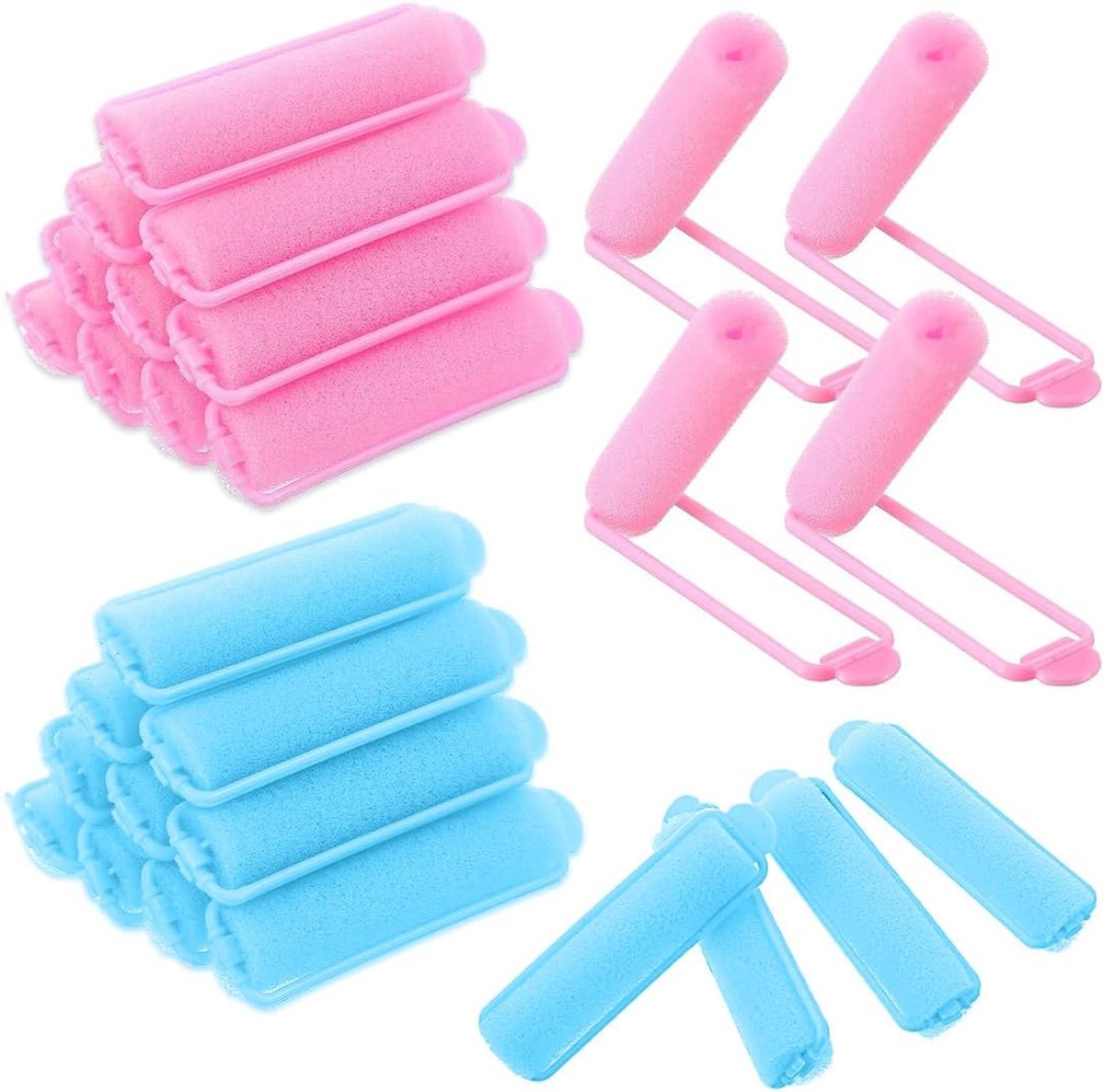 SnelShoppen - 28 Stuks Zachte Haarrollers voor Slaap, Foam Curlers voor Krullen zonder Hitte, Geschikt voor Lang Haar, Meisjes en Vrouwen, Roze en Bla