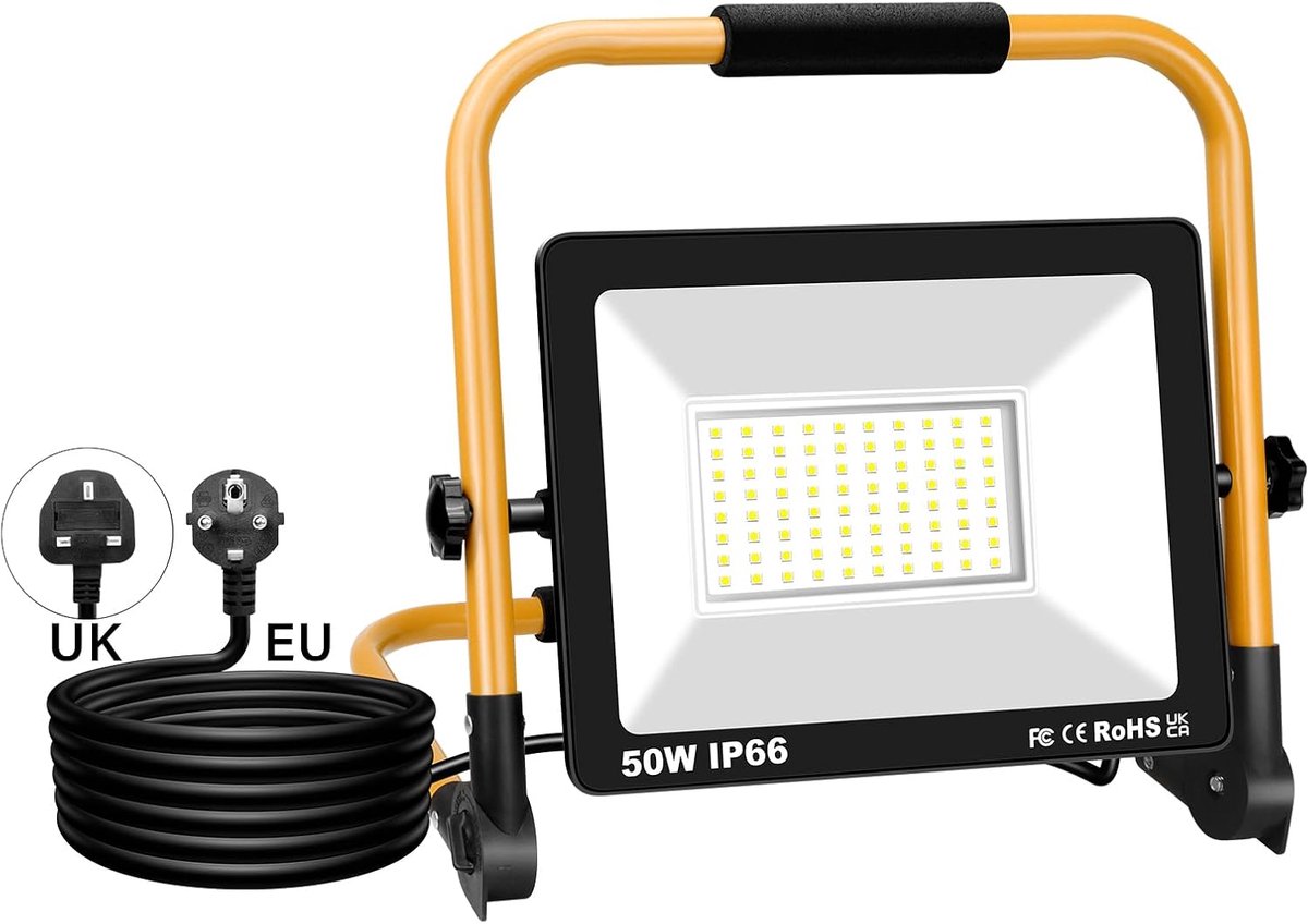 SnelShoppen - Draagbare LED Werklamp 50W 5000LM Waterdicht IP66, Opvouwbare Projector voor Tuin, Garage, Werkplaats, Bouw, 6000K Wit Licht