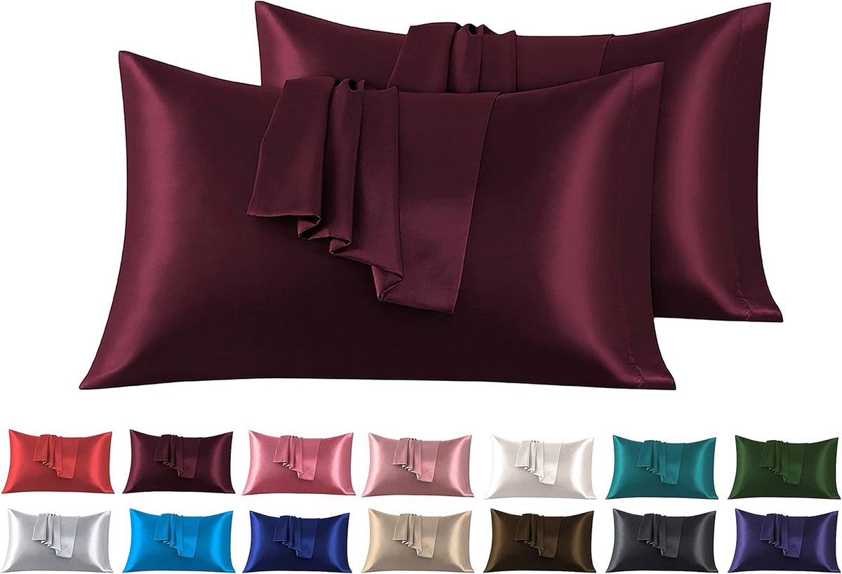 SnelShoppen - Set van 2 Satijnen Kussenslopen 45 x 70 cm Bordeaux Hypoallergeen Anti-Mijt Pocket Sluiting Zacht voor Huid en Haar, Luxe Slaapaccessoir