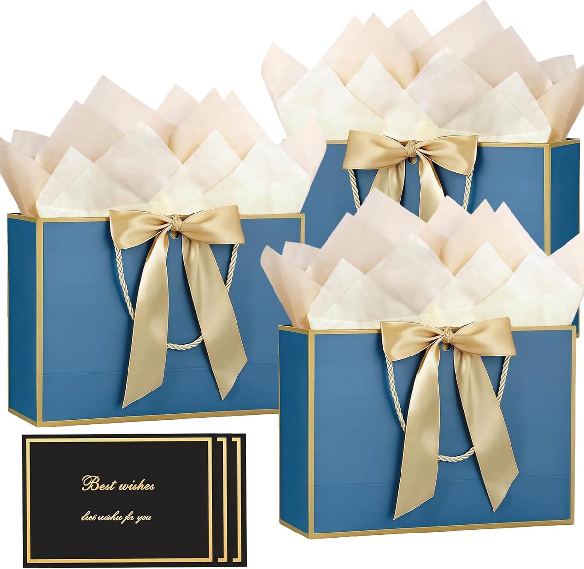 Thijox - Blauwe cadeauzakjes met handvatten, 3 middelgrote papieren cadeauzakjes voor verjaardagen, bruiloften, Valentijnsdag met 6 vloeipapier en 3 w