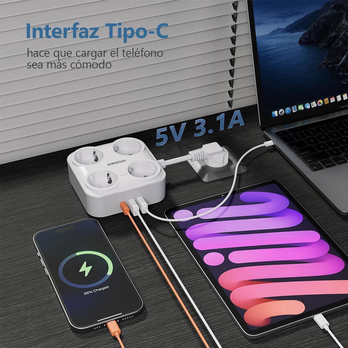 SnelShoppen - Power Strip met USB, Wandcontactdoos, 4 AC Stopcontacten en 4 USB-A Poorten, Meerdere Aansluitingen, Overspanningsbeveiliging, Korte Kab