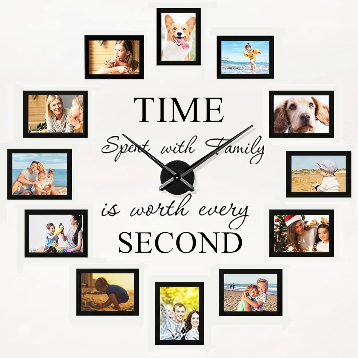 Thijox - Luming DIY Wandklok met Grote Fotolijst Collage, Moderne Woonkamerklok, 12 Stuks 10 x 15 cm, Zwart, Creatieve Decoratie voor Huis, Kantoor, F