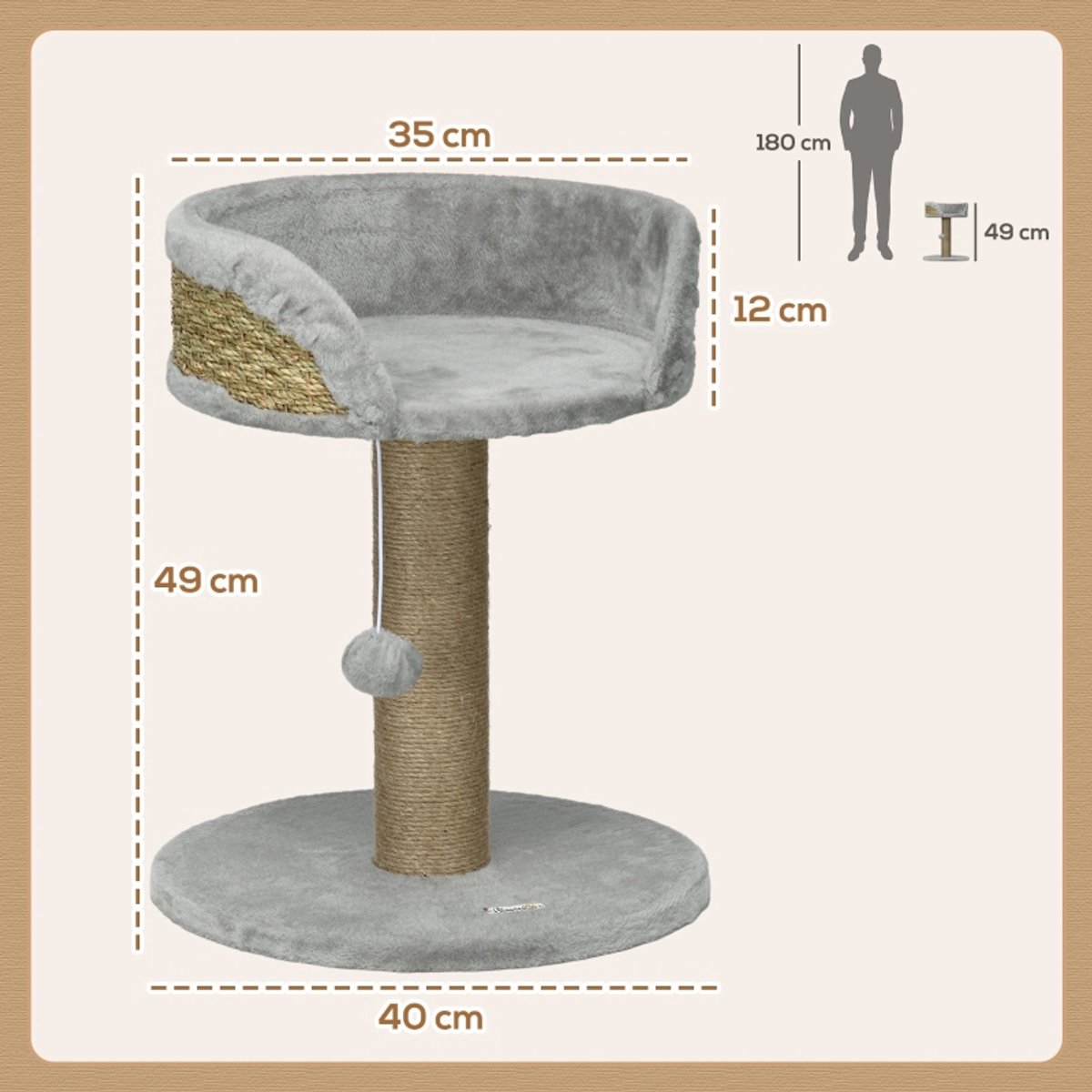 FloraGrace Krabmeubel – 49 Cm Krabpaal Met Ligplatform En Speelbal – 40 x 40 x 49 Cm – Polyester En Jute – Grijs – Voor Katten Tot 4 Kg