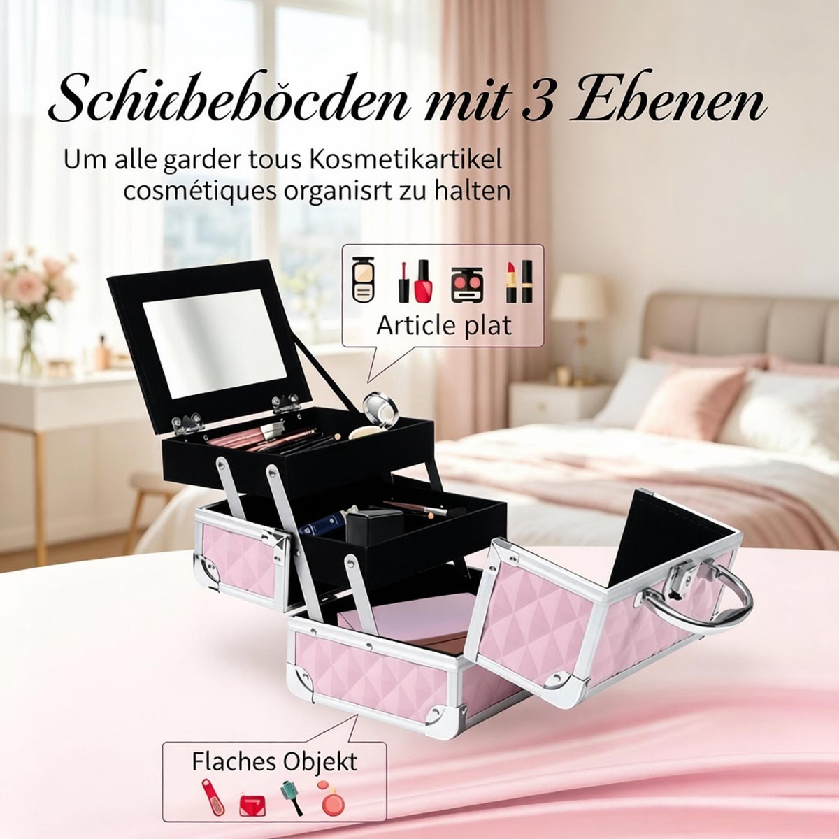 FloraGrace Make-upkoffer - 3 Lagen Met Spiegel - 20 x 15 x 15 cm - Aluminium en Plastic - Roze - Draagbare Opbergkoffer Met Slot