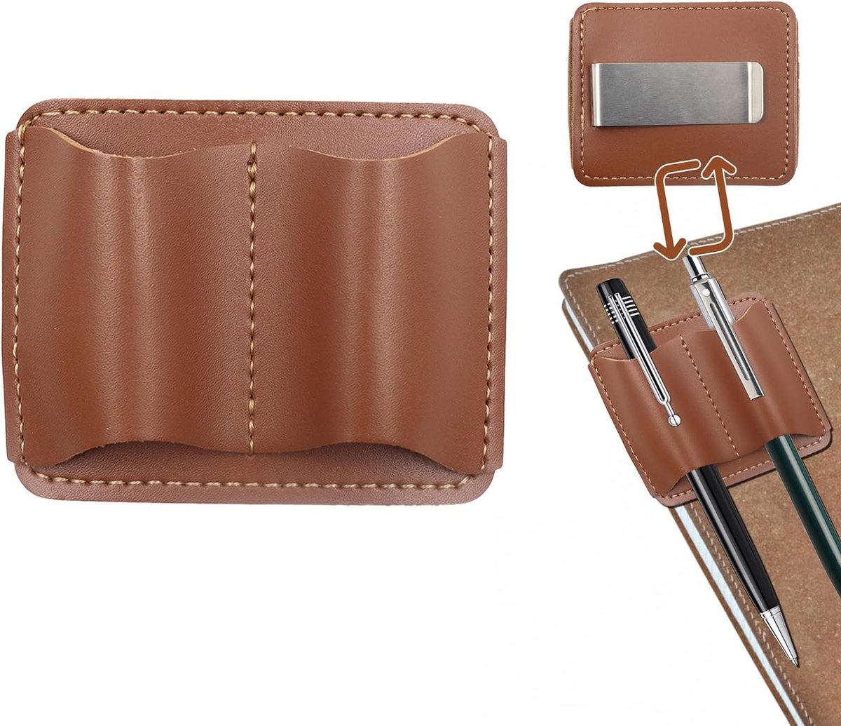 Handgemaakt Leren Pennenhouder voor Notitieboek, 7 x 5.8 cm, Dubbele Sleuf voor Pennen en Notities, Ideaal voor Dagboeken en Clipboard (Bruin)