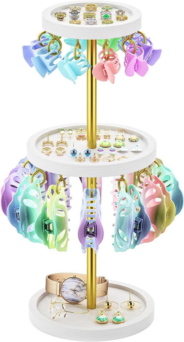 Metalen clip-organizer voor haaraccessoires, twee verdiepingen met 22 haken en 3 opbergvakken, ideaal voor de kaptafel en haarspeld-opslag